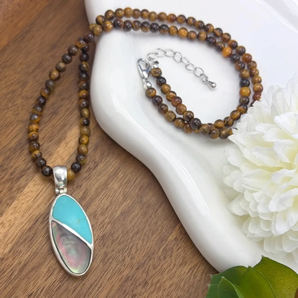 Vintage Sterling Silver 925 Abalone Turquoise Southwest Inlay Pendant Necklace